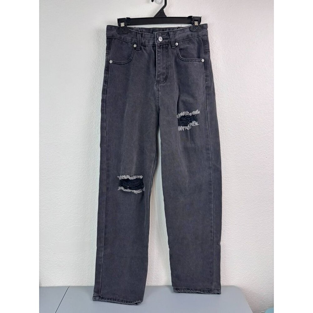 White Fox women's small black distressed lace up back high rise mom jeans